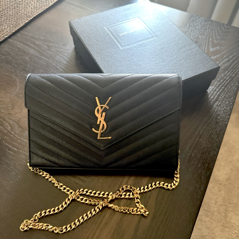 YSL Monogram Large Wallet on Chain in Grained Leather